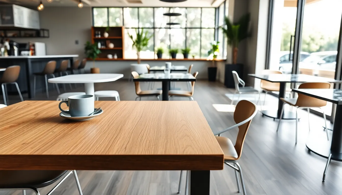 modern cafe with various stylish table tops and bright professional atmosphere
